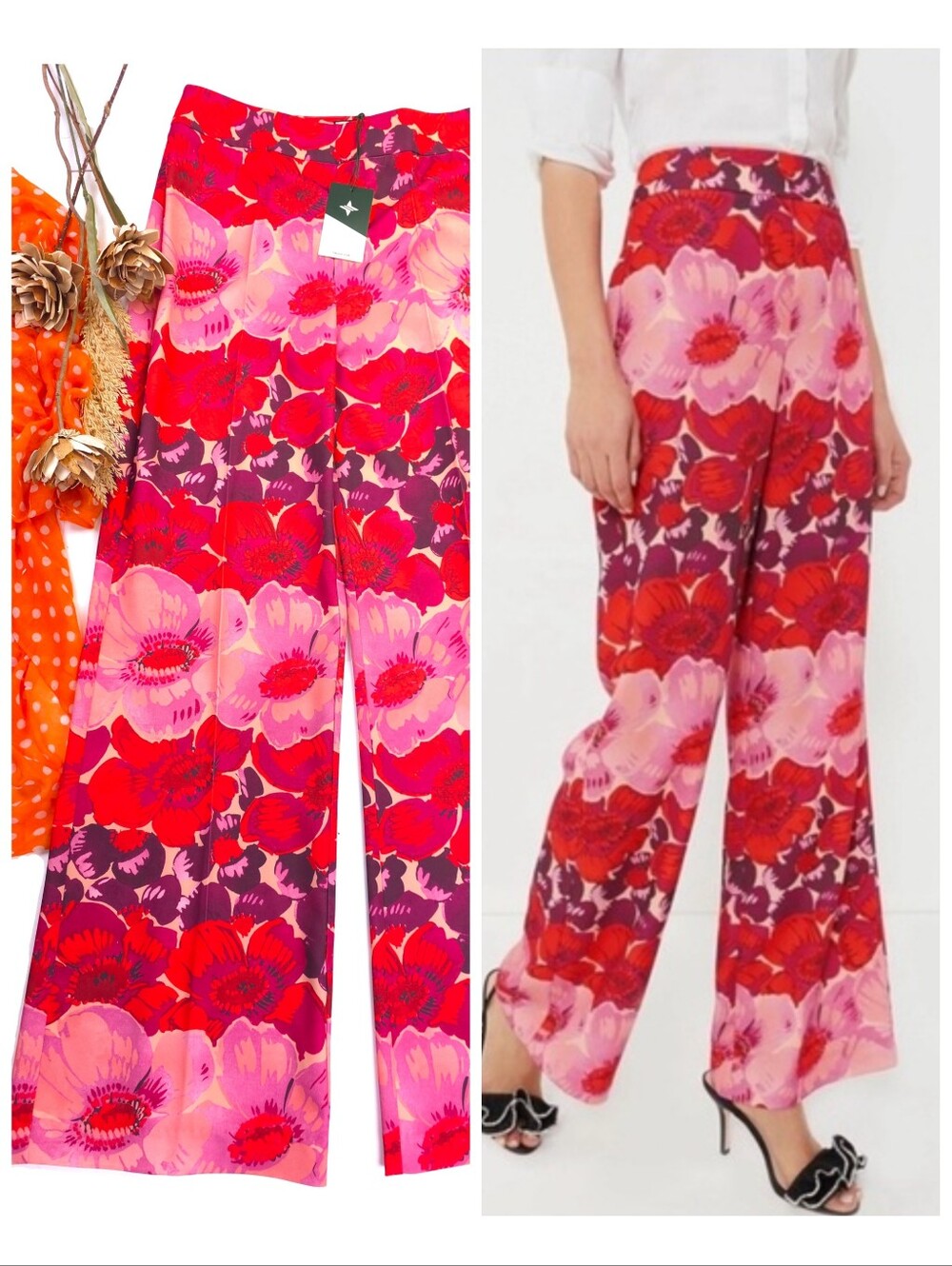 New Tuckernuck Wide-Leg Floral Print Pants in Pink & Red Sz M